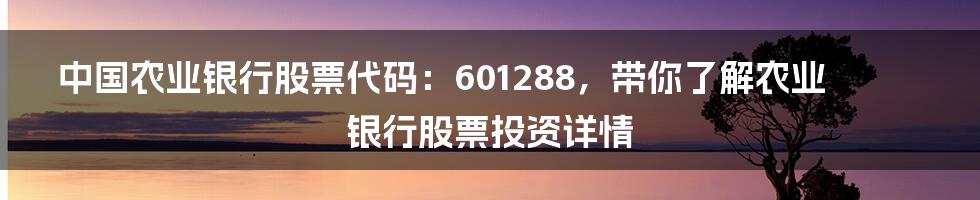 中国农业银行股票代码：601288，带你了解农业银行股票投资详情