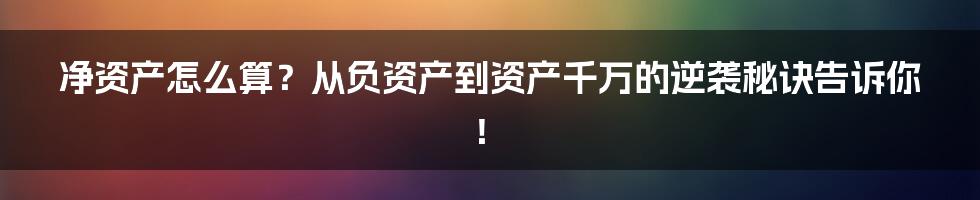 净资产怎么算？从负资产到资产千万的逆袭秘诀告诉你！