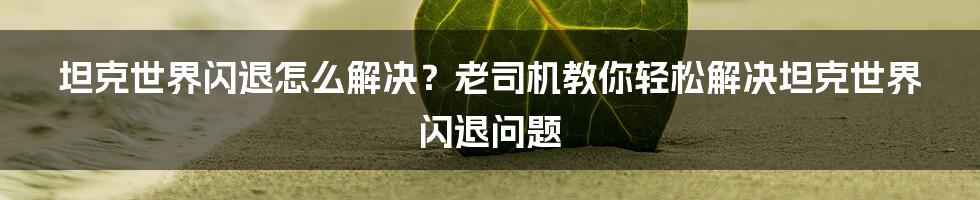 坦克世界闪退怎么解决？老司机教你轻松解决坦克世界闪退问题