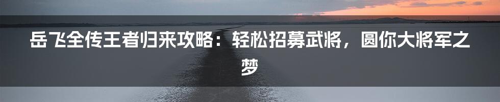 岳飞全传王者归来攻略：轻松招募武将，圆你大将军之梦