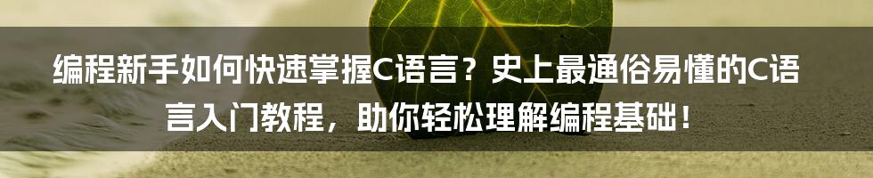 编程新手如何快速掌握C语言？史上最通俗易懂的C语言入门教程，助你轻松理解编程基础！