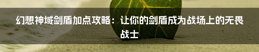 幻想神域剑盾加点攻略：让你的剑盾成为战场上的无畏战士