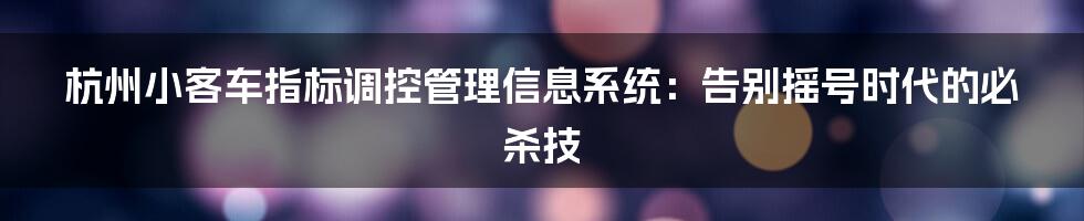 杭州小客车指标调控管理信息系统：告别摇号时代的必杀技