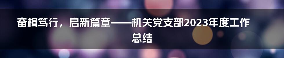 奋楫笃行，启新篇章——机关党支部2023年度工作总结