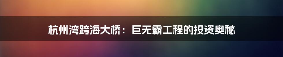 杭州湾跨海大桥：巨无霸工程的投资奥秘