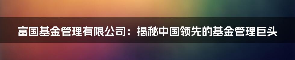 富国基金管理有限公司：揭秘中国领先的基金管理巨头