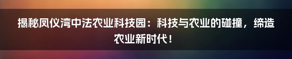 揭秘凤仪湾中法农业科技园：科技与农业的碰撞，缔造农业新时代！