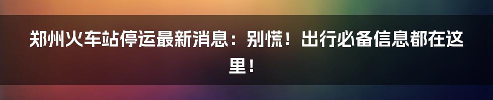 郑州火车站停运最新消息：别慌！出行必备信息都在这里！