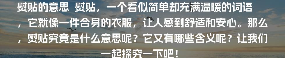 熨贴的意思

熨贴，一个看似简单却充满温暖的词语，它就像一件合身的衣服，让人感到舒适和安心。那么，熨贴究竟是什么意思呢？它又有哪些含义呢？让我们一起探究一下吧！